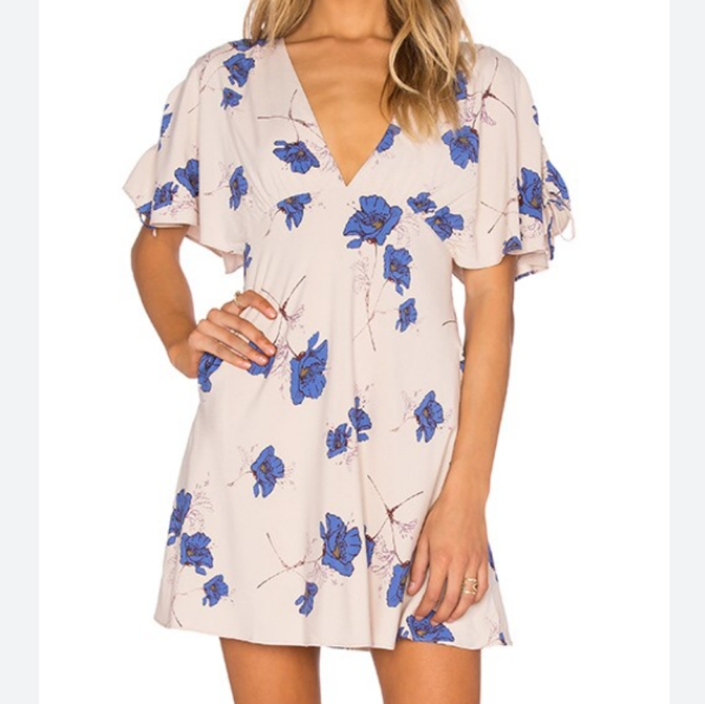 Free People Floral Dress Blue Cream Empire Waist V Neck  Boho Garden Babydoll